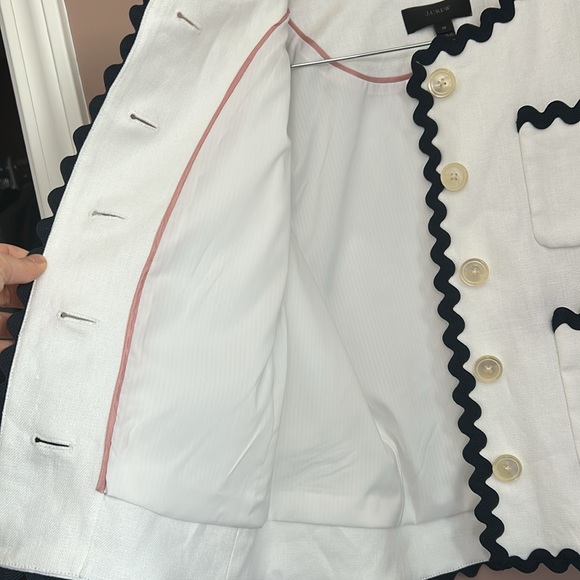 J.Crew Linen Blend WhiteBlack Trim Scallop Zig Zag Casual Work Blazer Size 10 - Picture 12 of 13